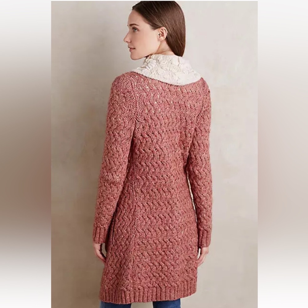 Anthropologie Rose Cable Knit Long Cardigan with Cream Collar